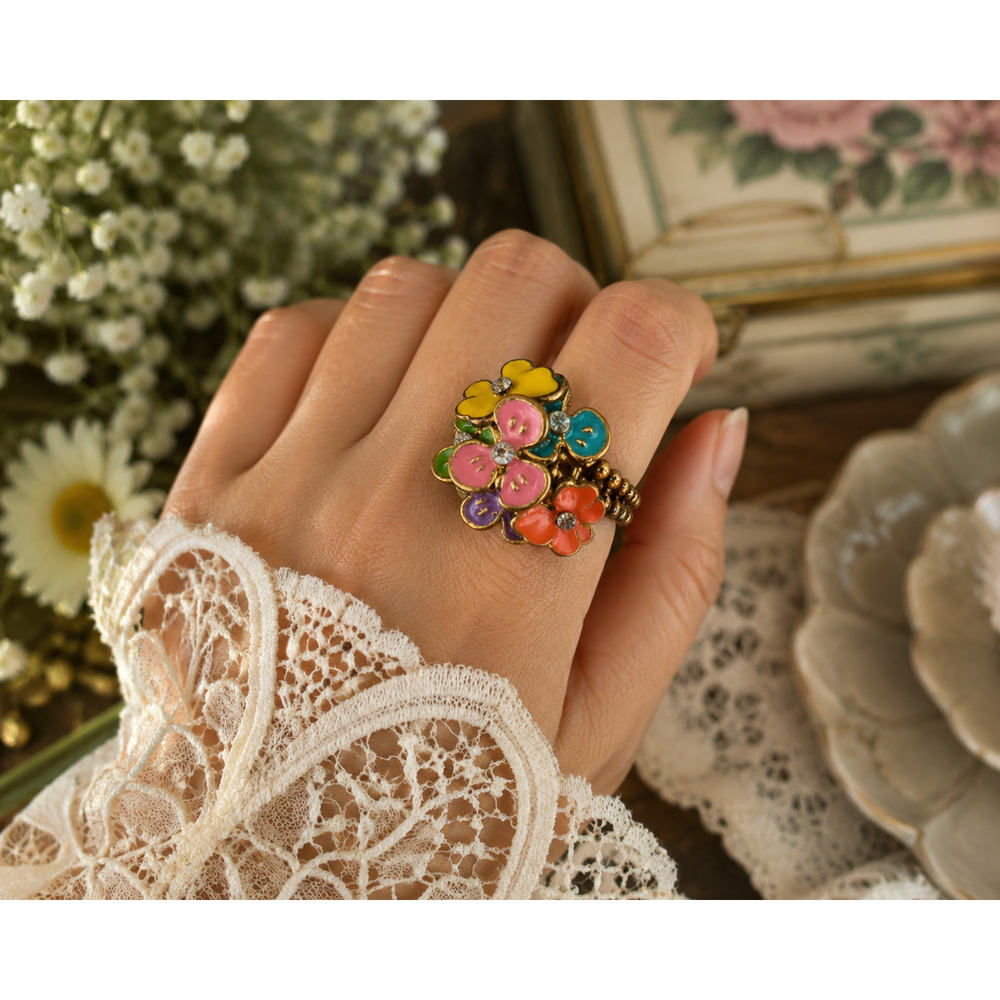 Colorful Enamel Flower Bouquet Stretch Ring Rhinestone Statement Fashion Jewelry